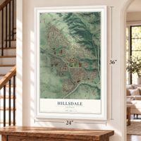 Hillsdale, Oregon map, 24 x 36 inch print in a white frame by a staircase