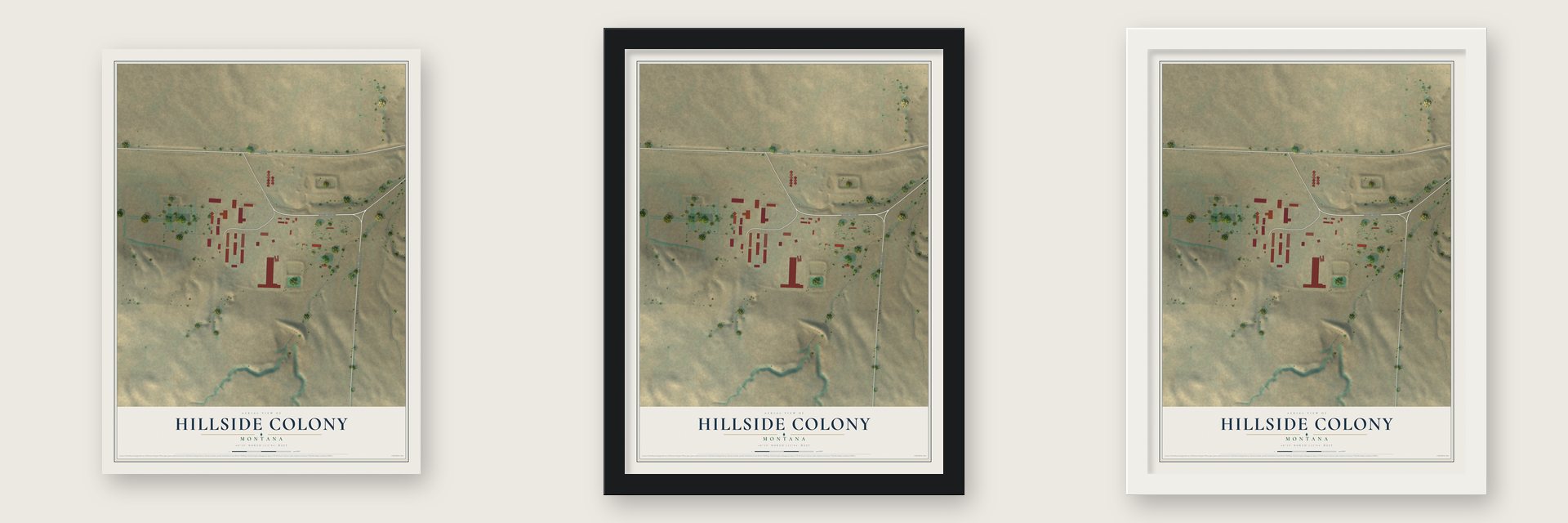 Hillside Colony, Montana map unframed, in a black wood frame and in a white wood frame
