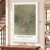 Hillside Colony, Montana map, 24 x 36 inch print in a white frame by a staircase