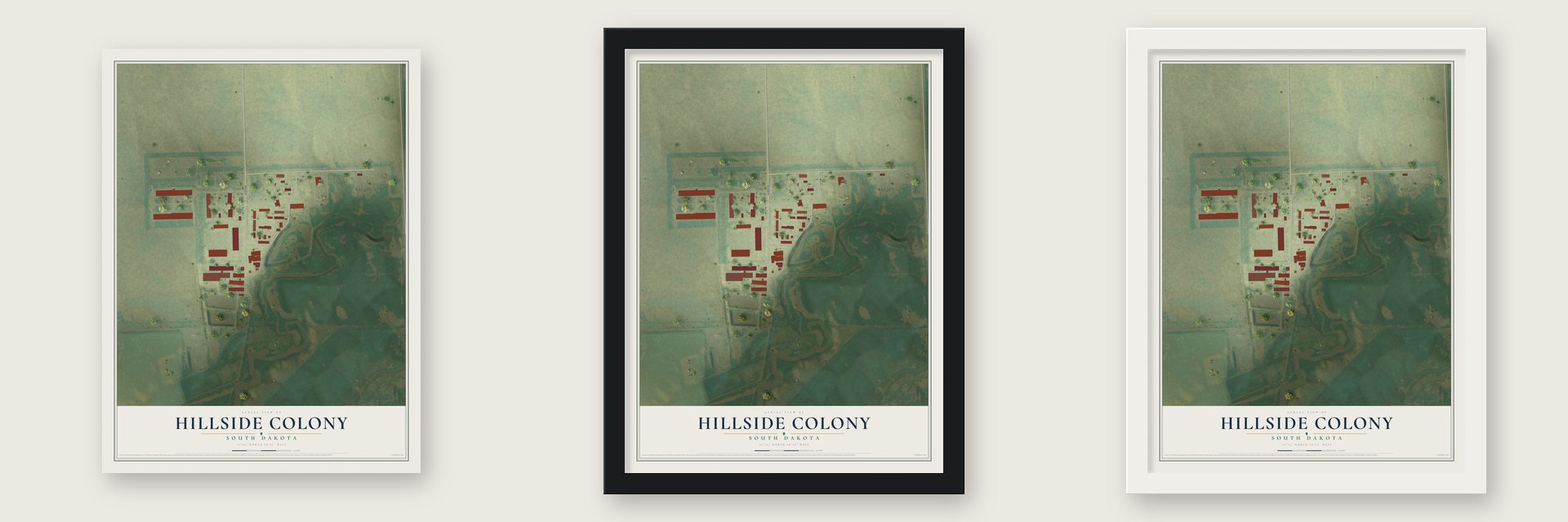 Hillside Colony, South Dakota map unframed, in a black wood frame and in a white wood frame