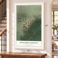 Hillside Colony, South Dakota map, 24 x 36 inch print in a white frame by a staircase