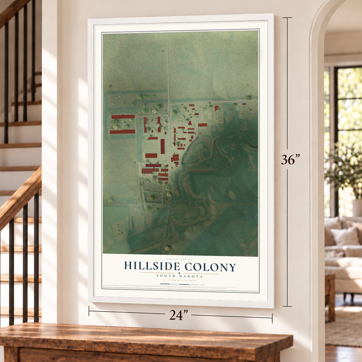 Hillside Colony, South Dakota map, 24 x 36 inch print in a white frame by a staircase