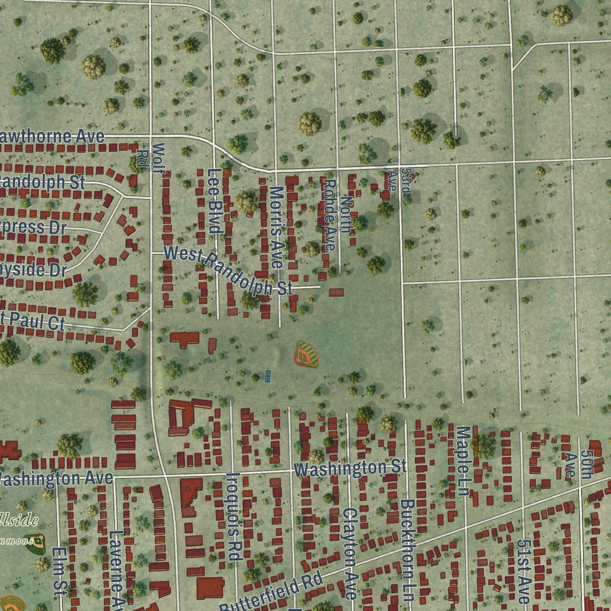 Second close-up of the map of Hillside, Illinois print showing more streets and buildings