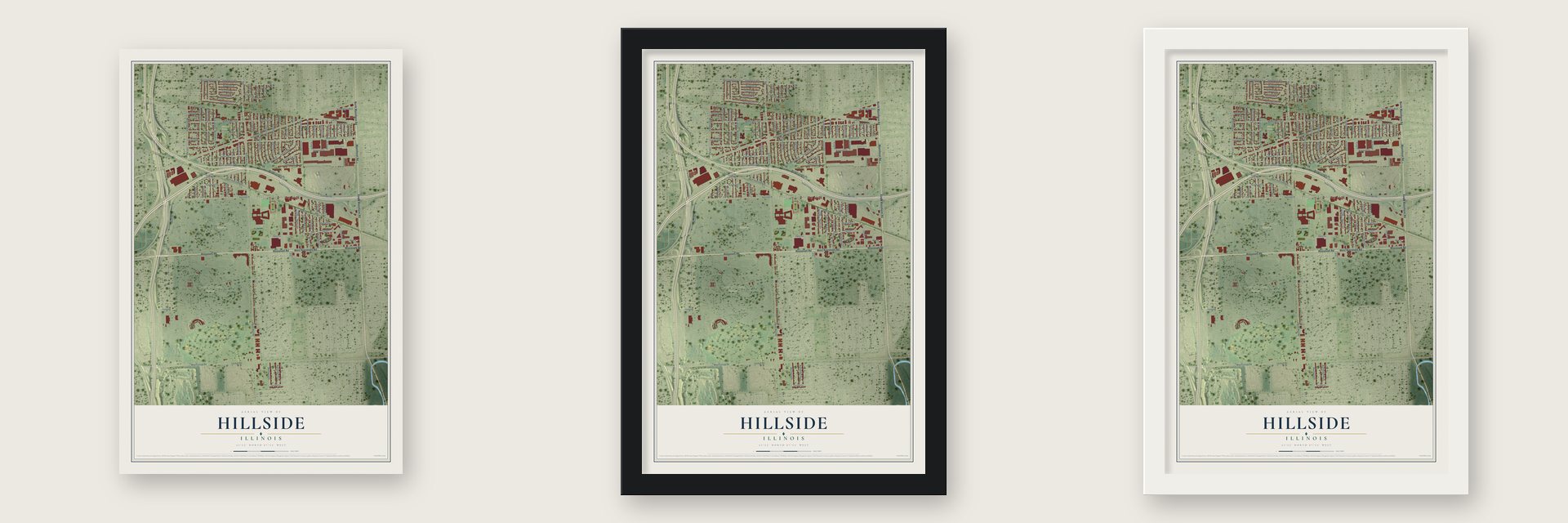 Hillside, Illinois map unframed, in a black wood frame and in a white wood frame