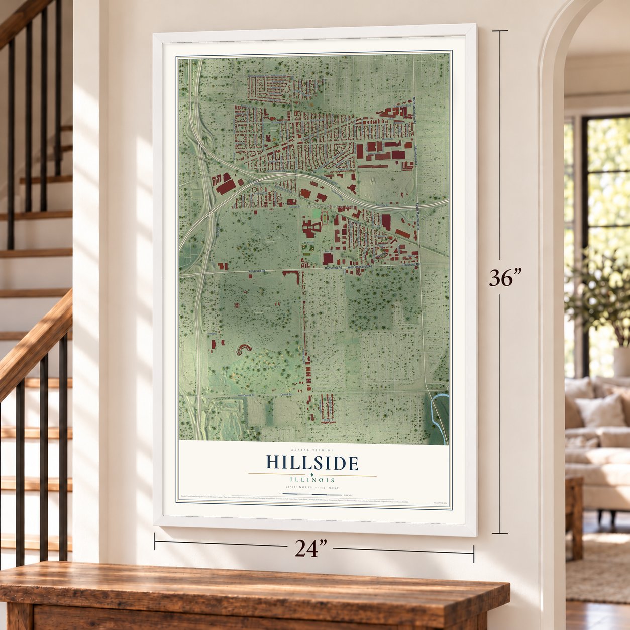 Hillside, Illinois map, 24 x 36 inch print in a white frame by a staircase