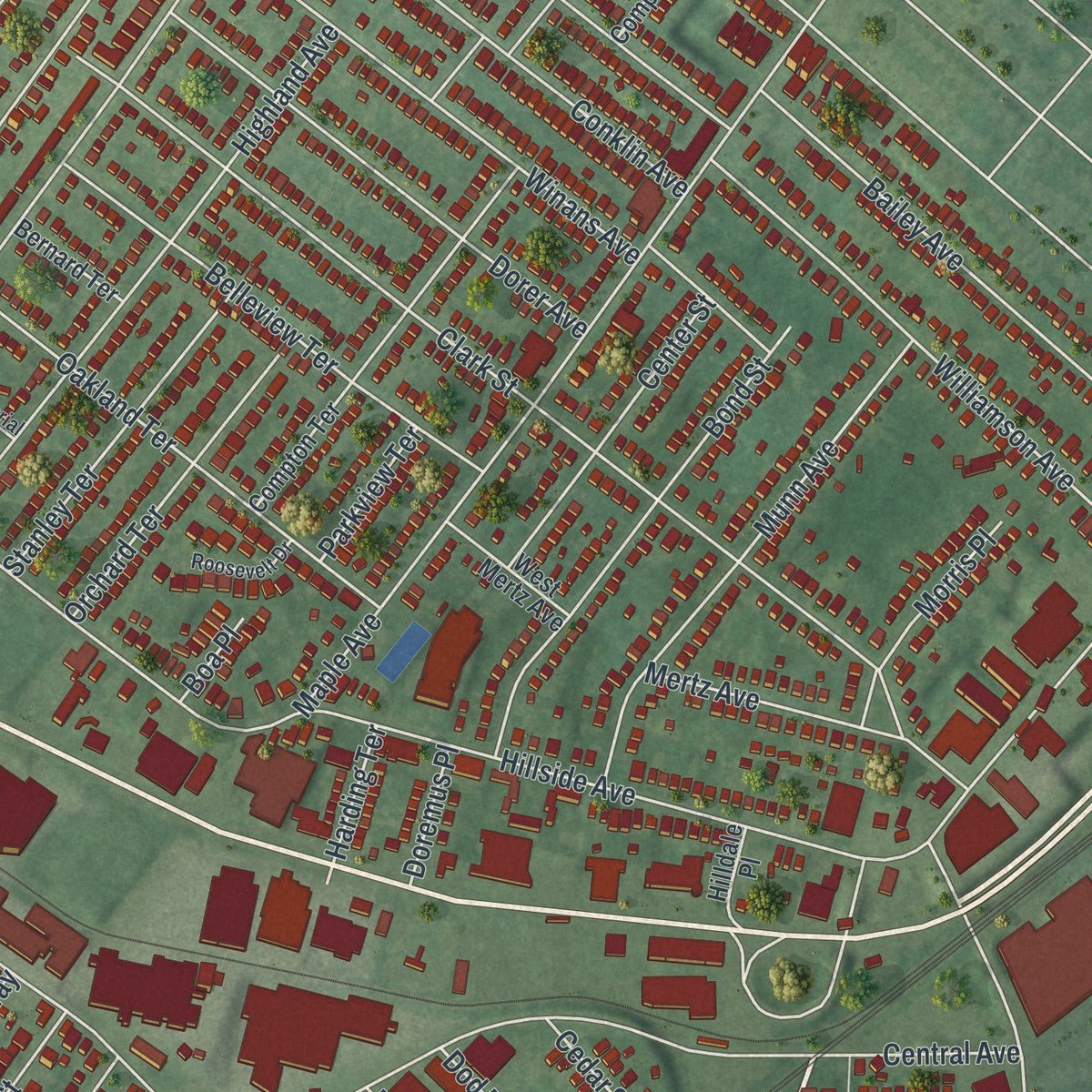 Second close-up of the map of Hillside, New Jersey print showing more streets and buildings