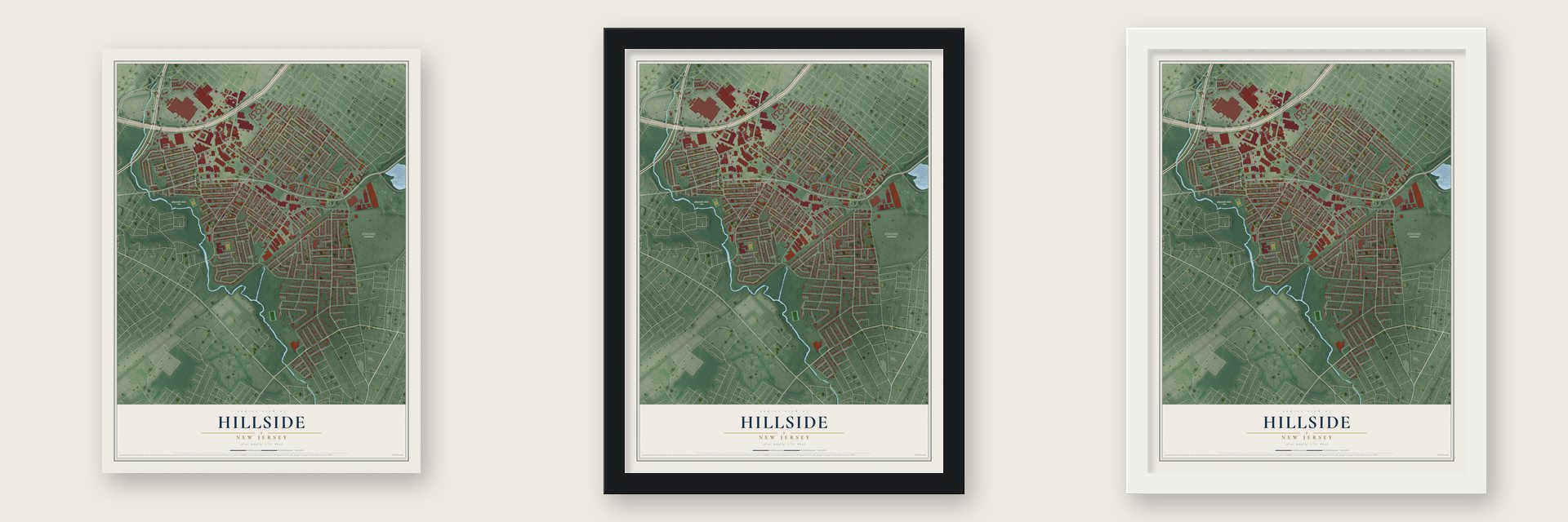 Hillside, New Jersey map unframed, in a black wood frame and in a white wood frame