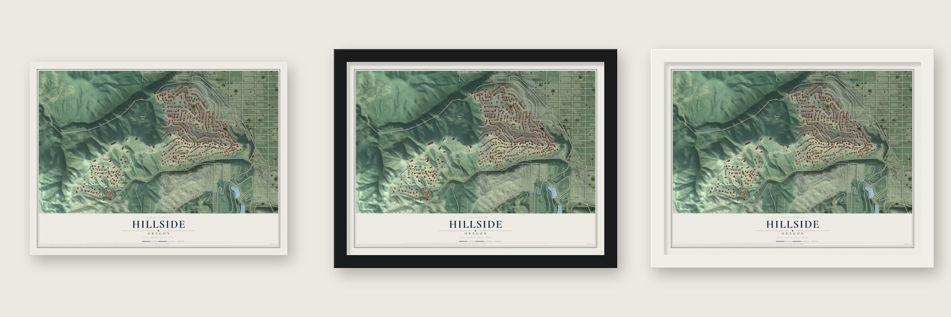 Hillside, Oregon map unframed, in a black wood frame and in a white wood frame