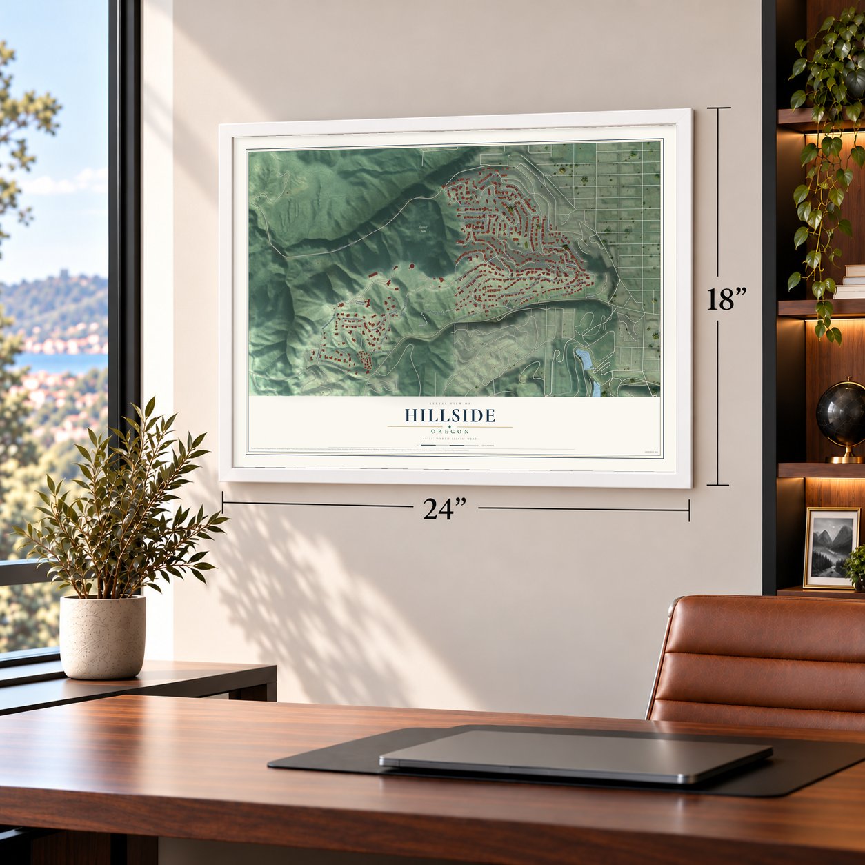 Hillside, Oregon map, 18 x 24 inch print in a white frame in a home office