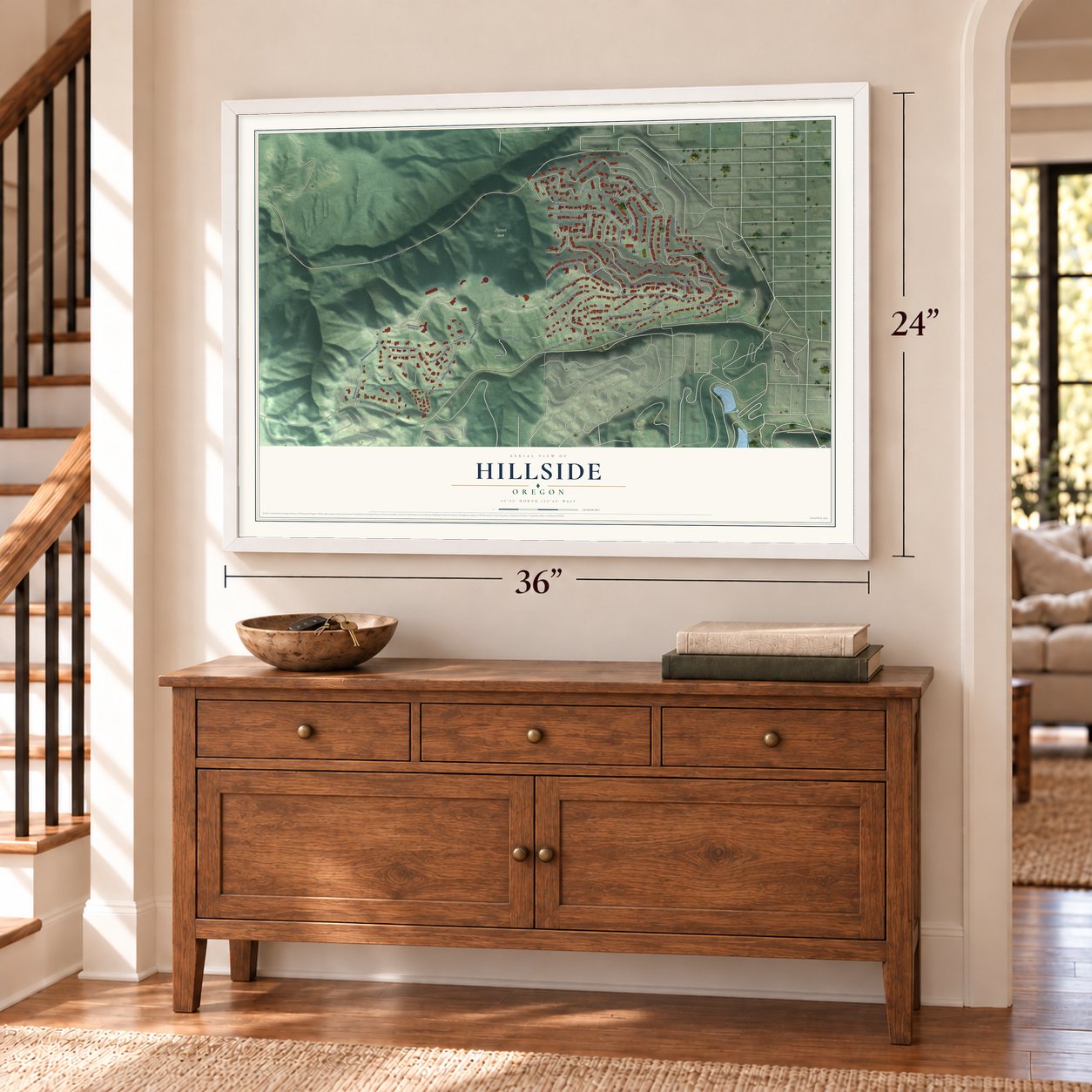 Hillside, Oregon map, 24 x 36 inch print in a white frame above a dresser by a staircase