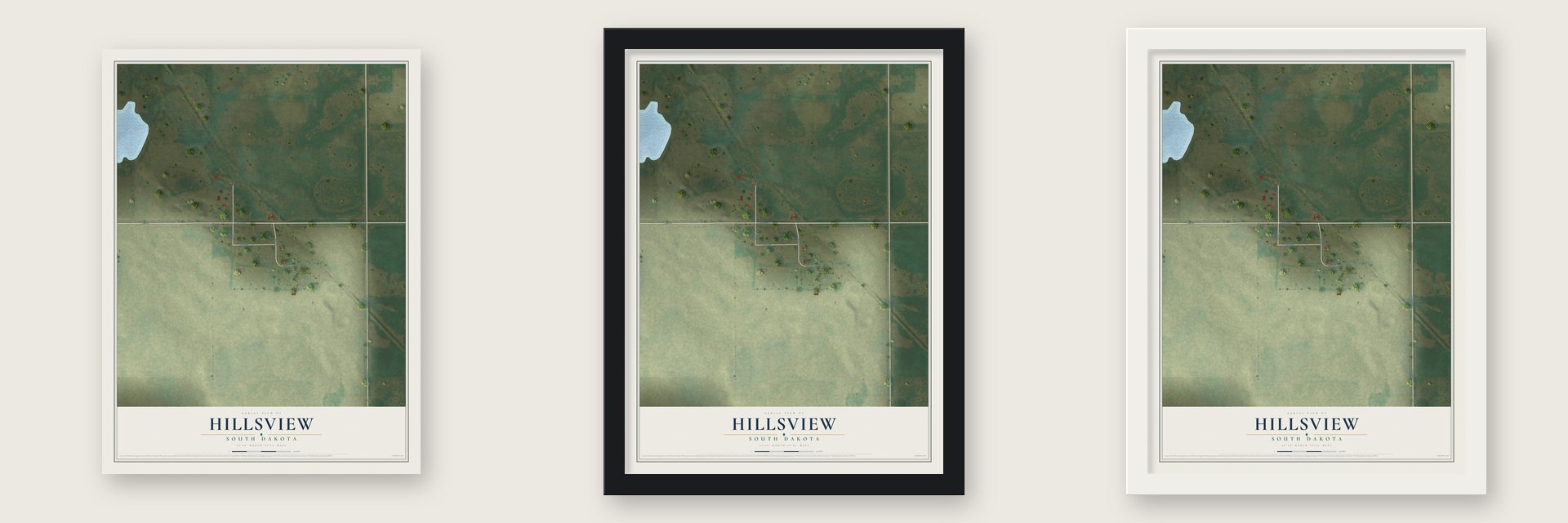 Hillsview, South Dakota map unframed, in a black wood frame and in a white wood frame