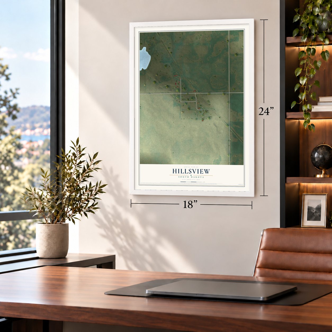 Hillsview, South Dakota map, 18 x 24 inch print in a white frame in a home office