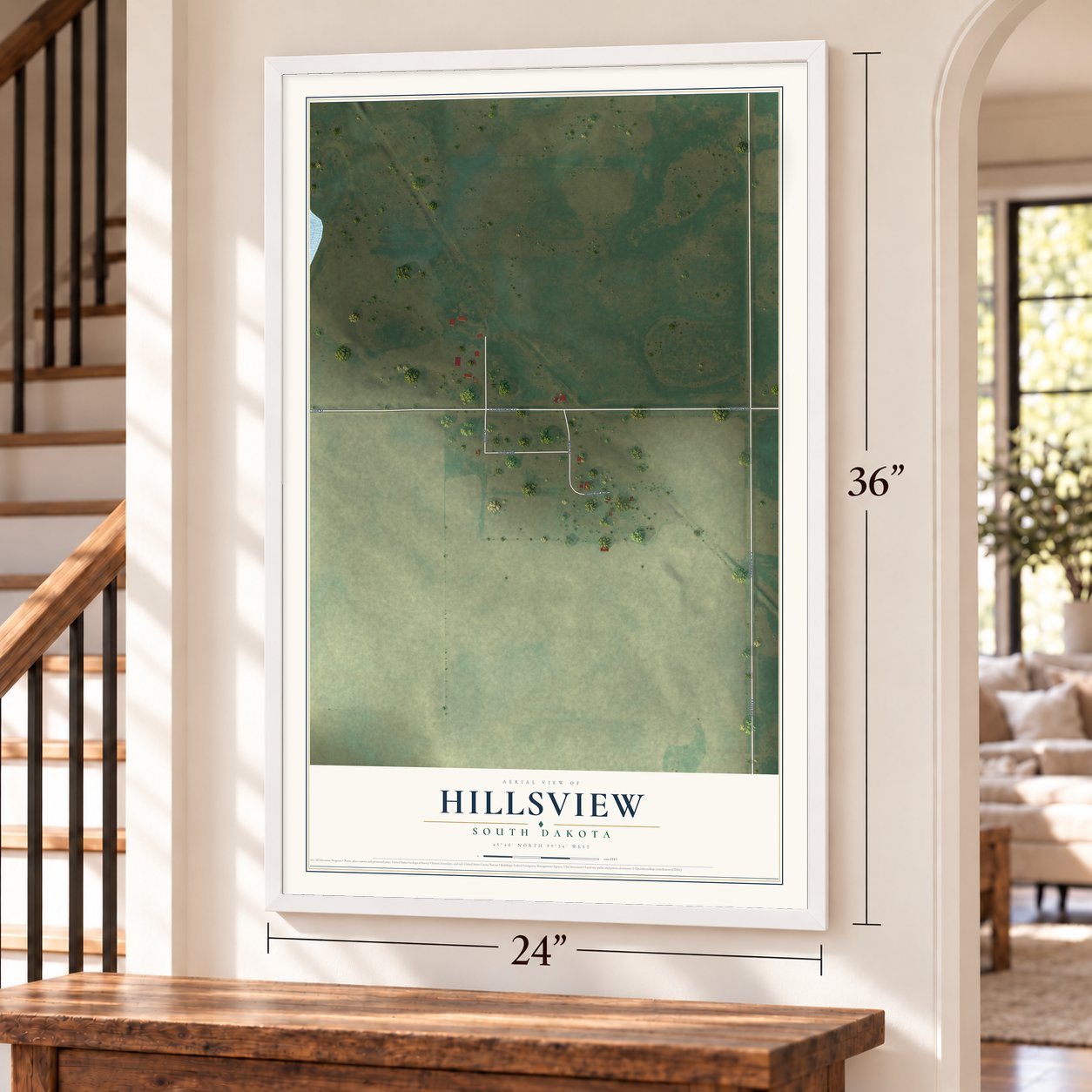Hillsview, South Dakota map, 24 x 36 inch print in a white frame by a staircase
