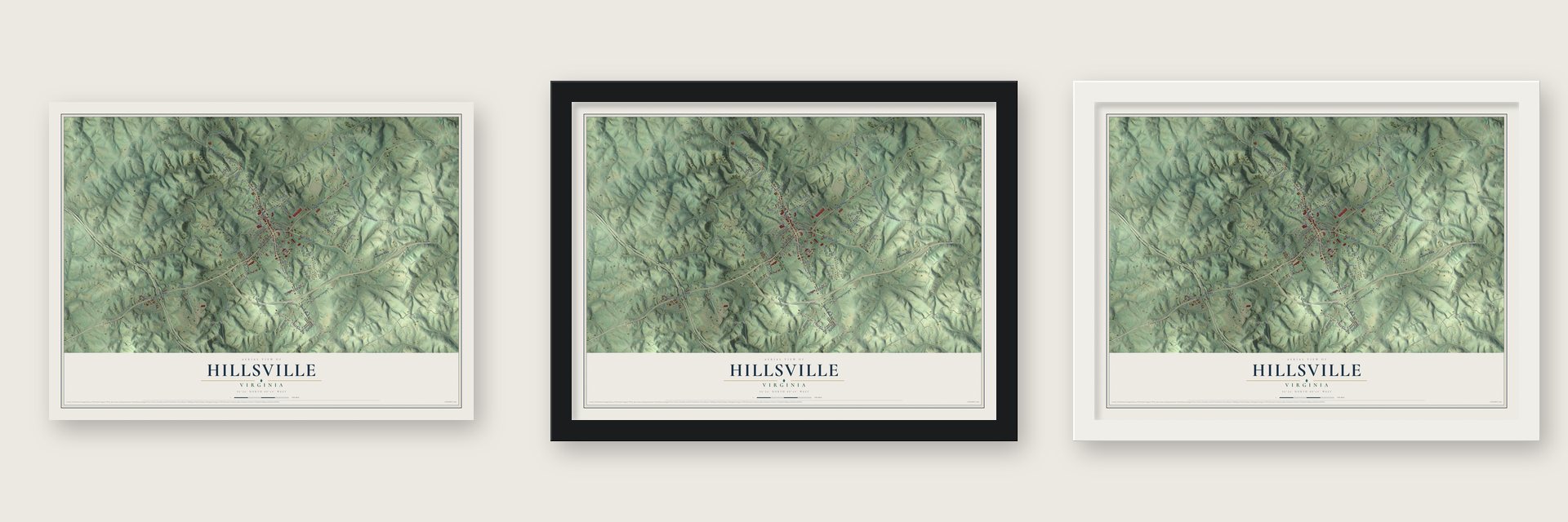 Hillsville, Virginia map unframed, in a black wood frame and in a white wood frame
