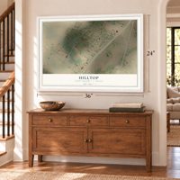 Hilltop, Frio County, Texas map, 24 x 36 inch print in a white frame above a dresser by a staircase