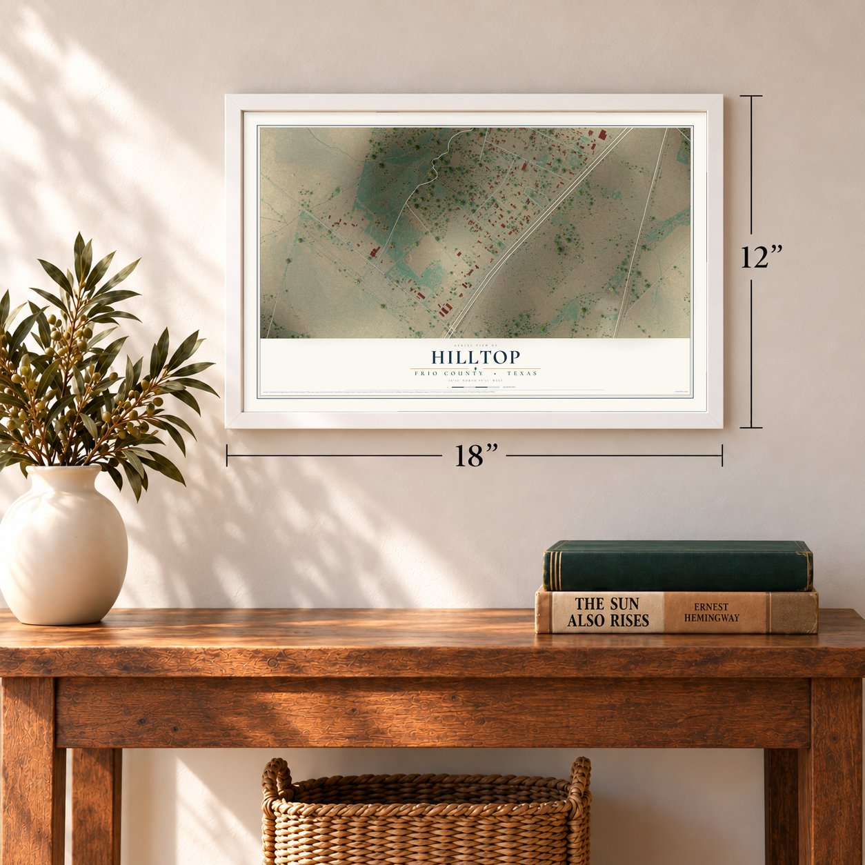 Hilltop, Frio County, Texas map, 12 x 18 inch print in a white frame in an entryway