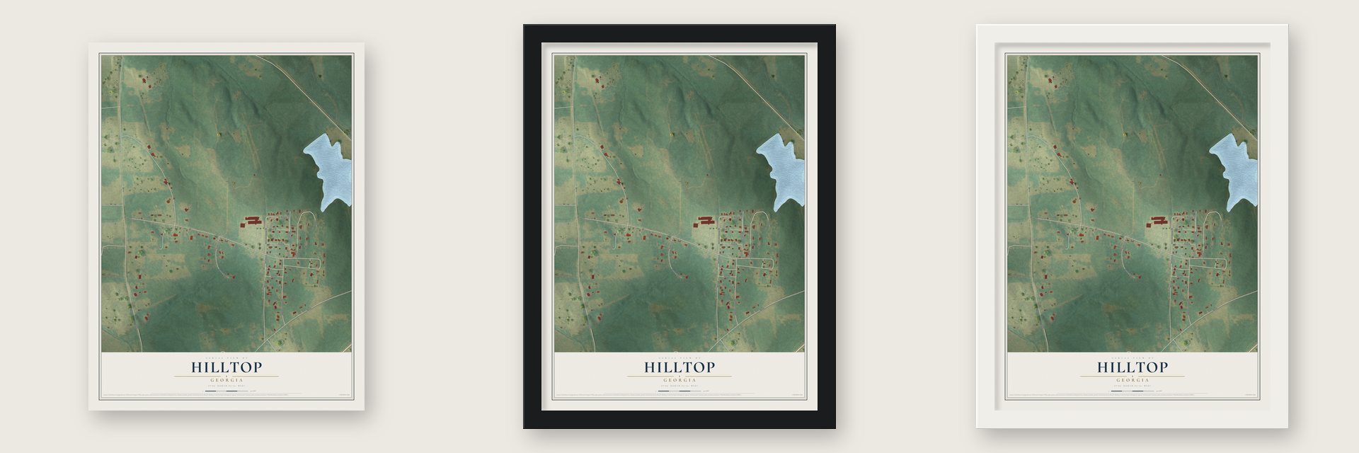Hilltop, Georgia map unframed, in a black wood frame and in a white wood frame