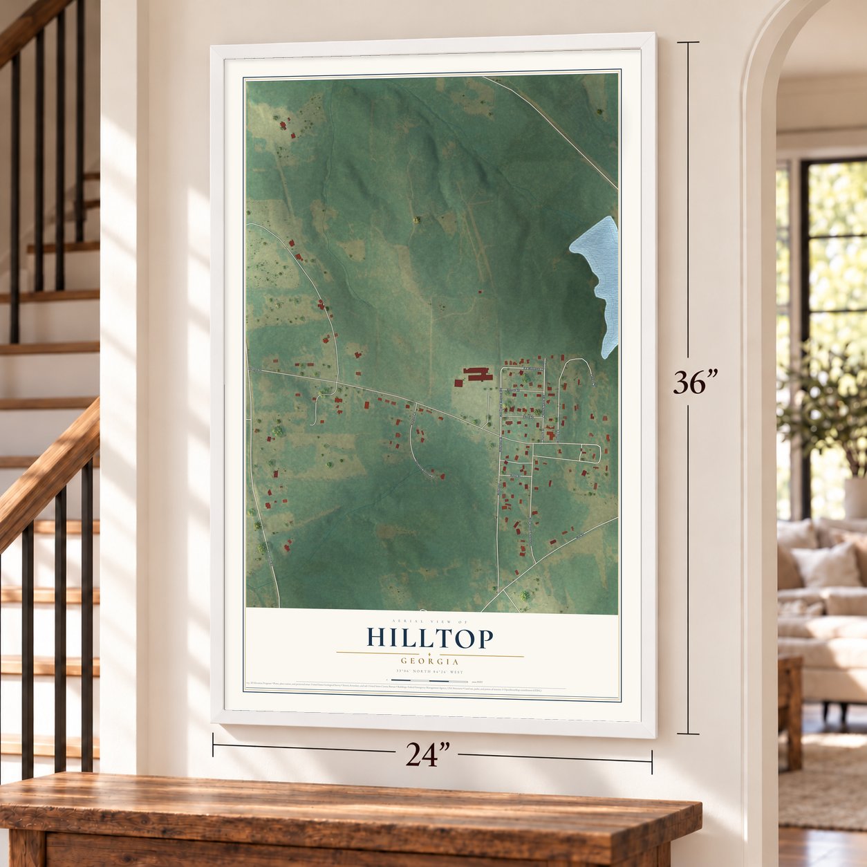 Hilltop, Georgia map, 24 x 36 inch print in a white frame by a staircase