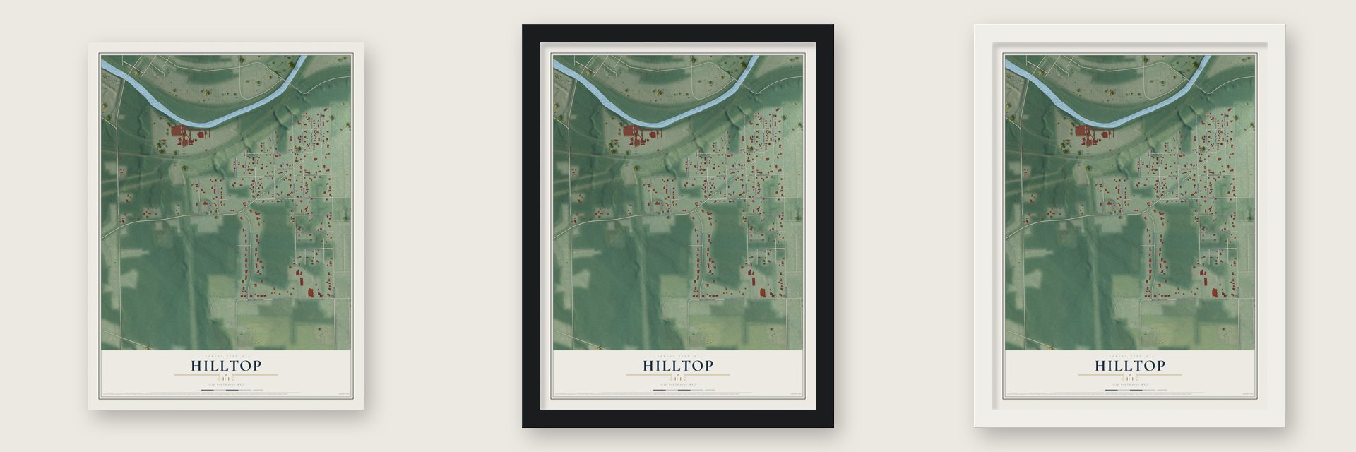Hilltop, Ohio map unframed, in a black wood frame and in a white wood frame