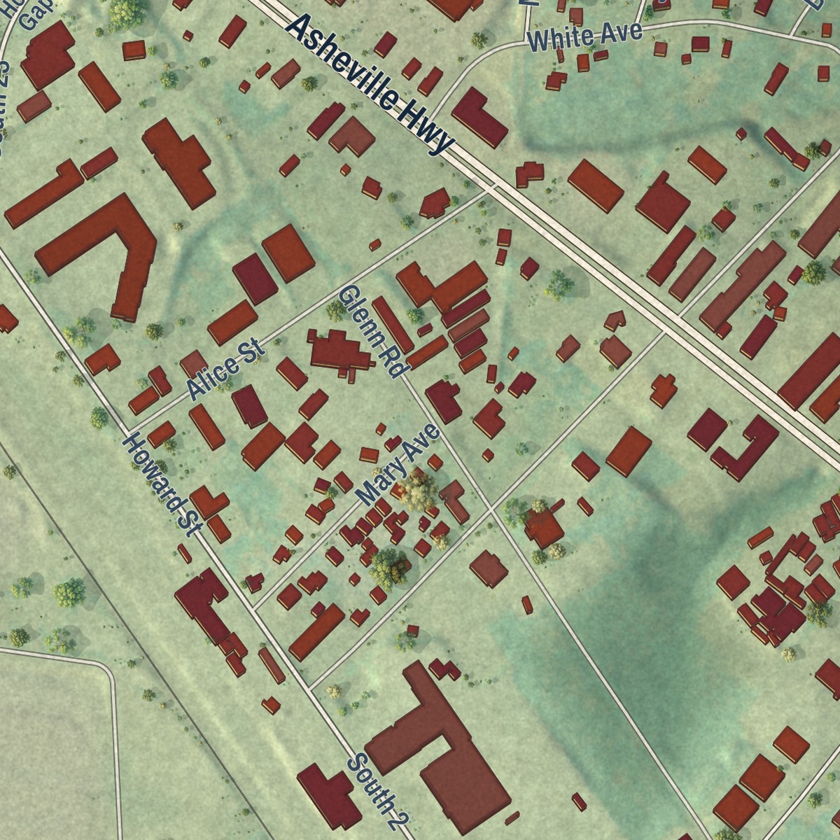 Second close-up of the map of Hilltop, South Carolina print showing more streets and buildings