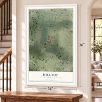 Hilltop, Starr County, Texas map, 24 x 36 inch print in a white frame by a staircase