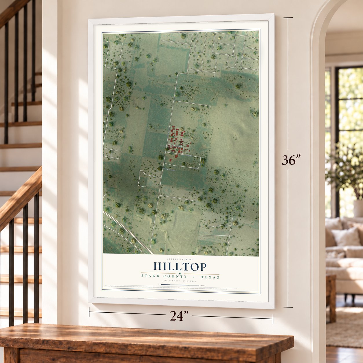 Hilltop, Starr County, Texas map, 24 x 36 inch print in a white frame by a staircase