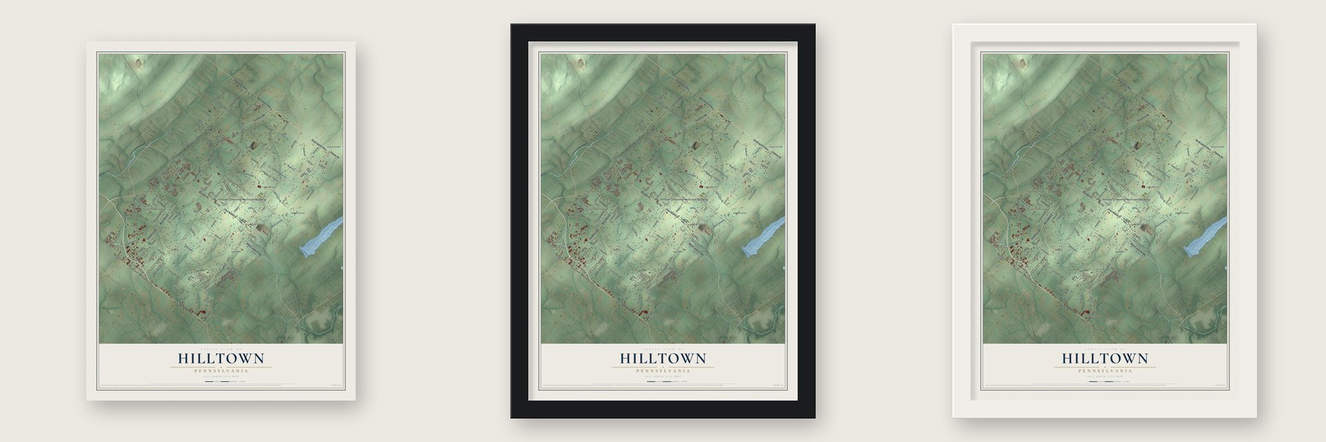 Hilltown, Pennsylvania map unframed, in a black wood frame and in a white wood frame