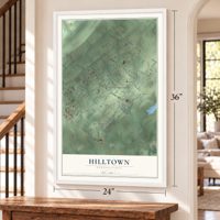 Hilltown, Pennsylvania map, 24 x 36 inch print in a white frame by a staircase