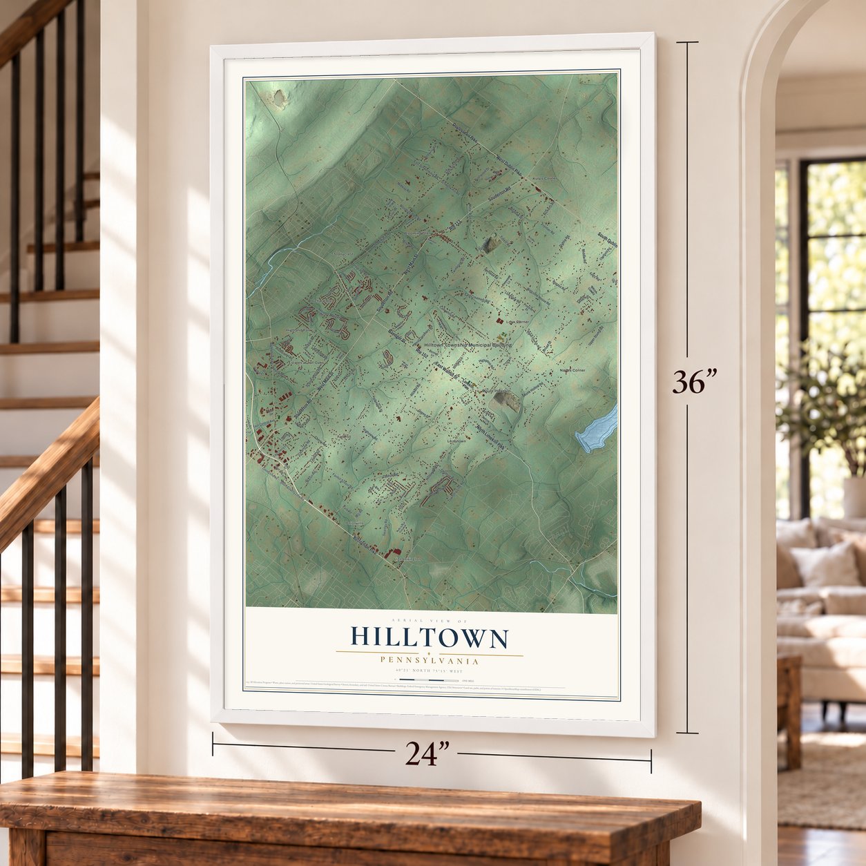 Hilltown, Pennsylvania map, 24 x 36 inch print in a white frame by a staircase