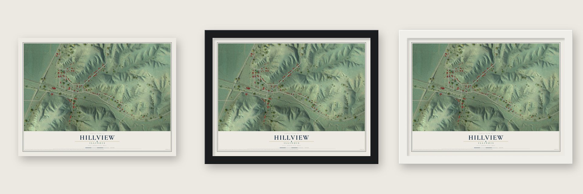 Hillview, Illinois map unframed, in a black wood frame and in a white wood frame