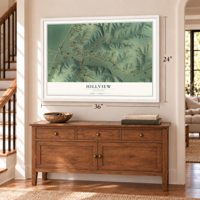 Hillview, Illinois map, 24 x 36 inch print in a white frame above a dresser by a staircase