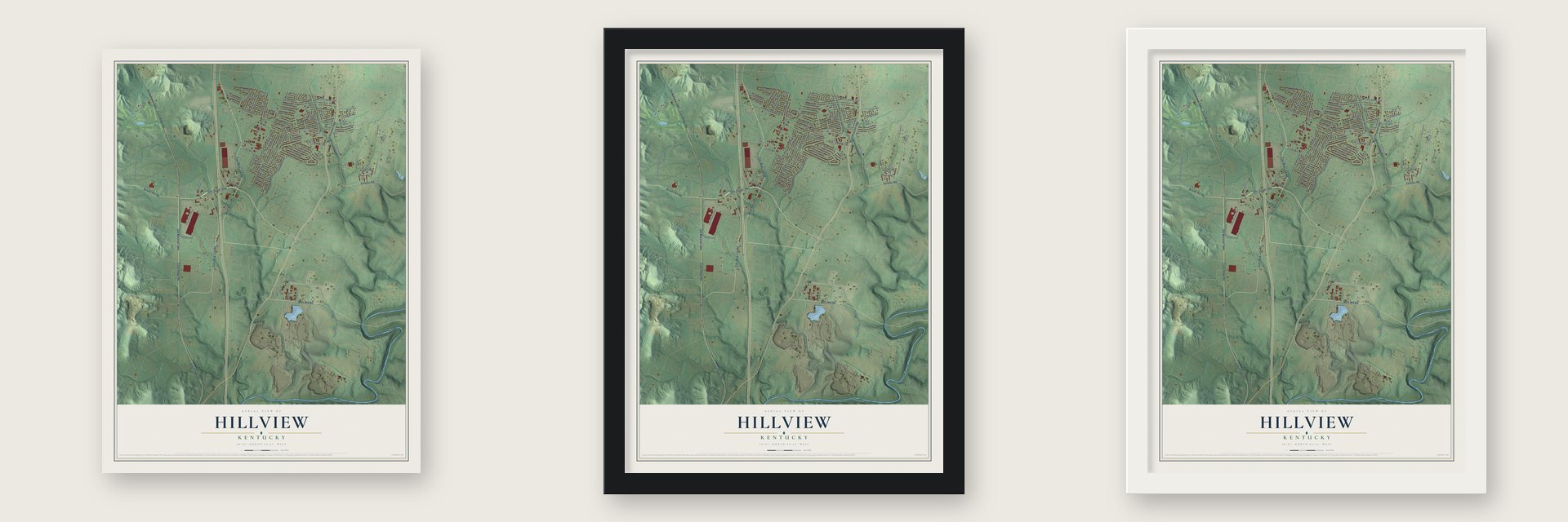 Hillview, Kentucky map unframed, in a black wood frame and in a white wood frame