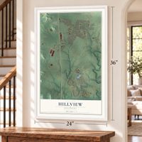 Hillview, Kentucky map, 24 x 36 inch print in a white frame by a staircase