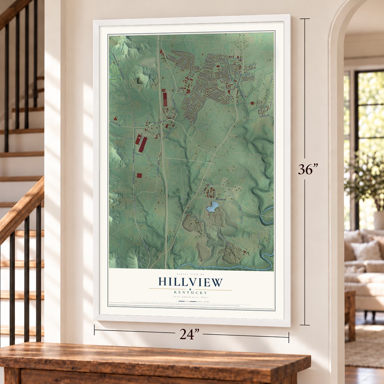 Hillview, Kentucky map, 24 x 36 inch print in a white frame by a staircase