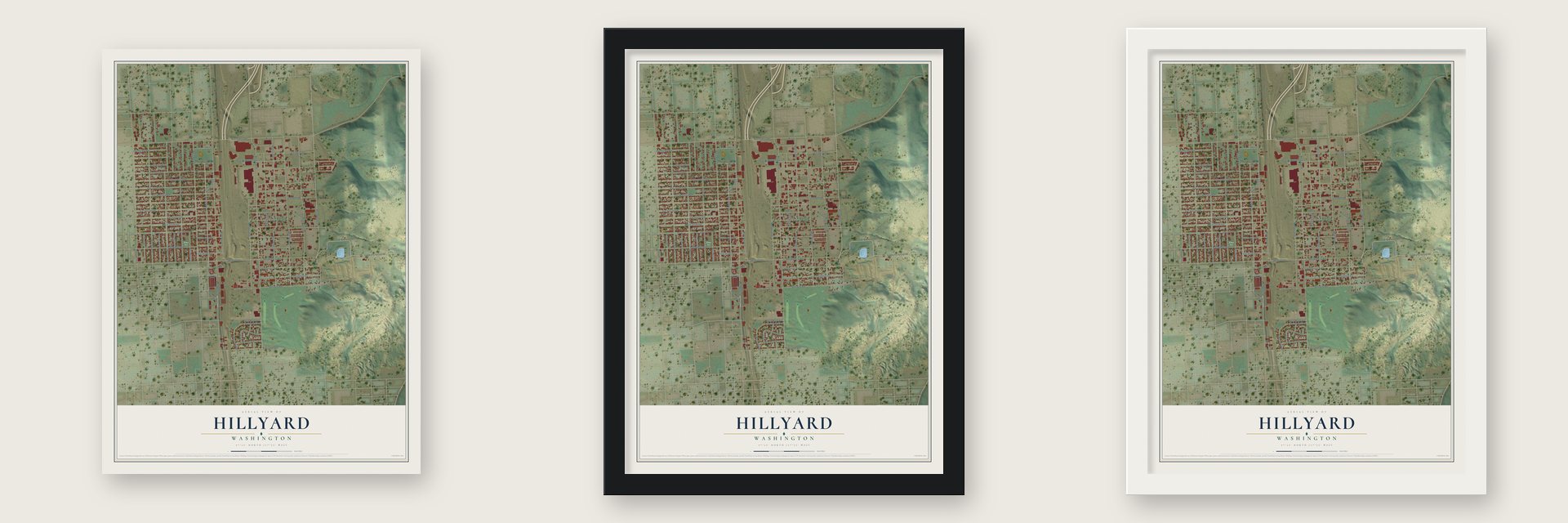 Hillyard, Washington map unframed, in a black wood frame and in a white wood frame