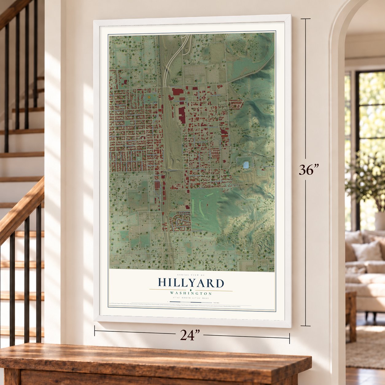 Hillyard, Washington map, 24 x 36 inch print in a white frame by a staircase