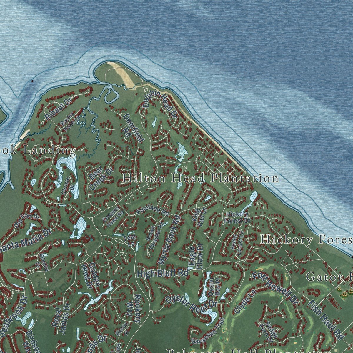 Second close-up of the map of Hilton Head Island, South Carolina print showing more streets and buildings