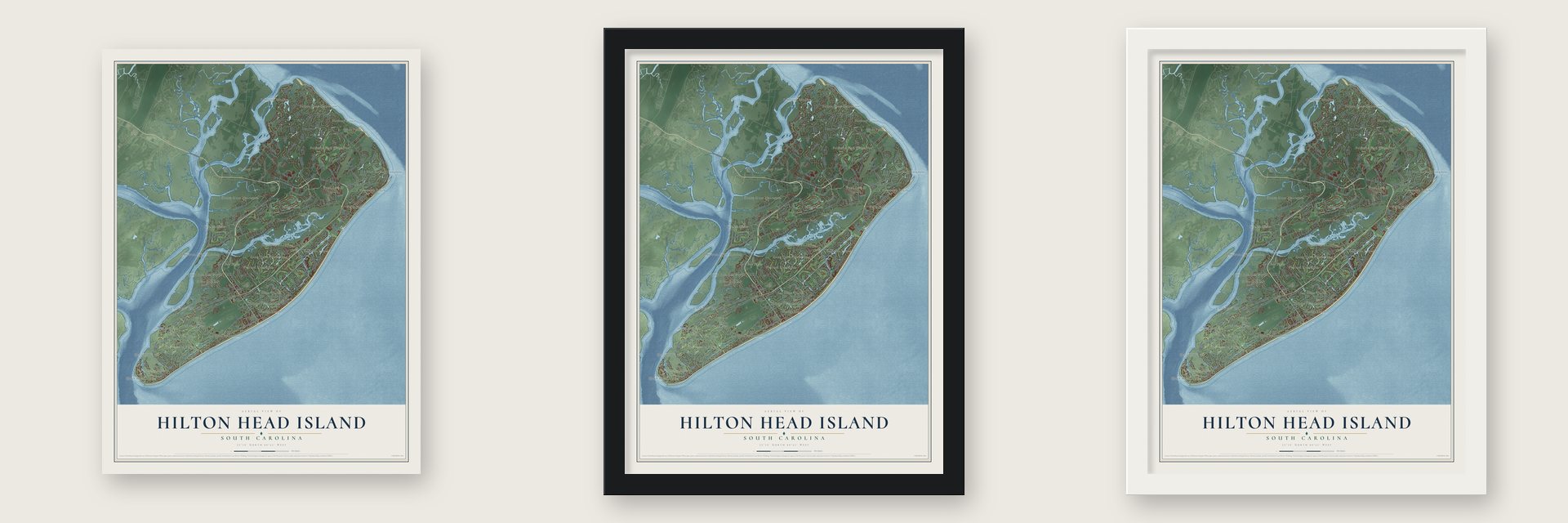 Hilton Head Island, South Carolina map unframed, in a black wood frame and in a white wood frame