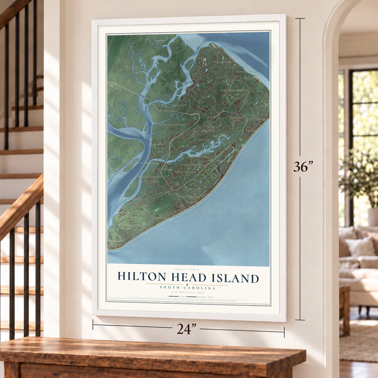 Hilton Head Island, South Carolina map, 24 x 36 inch print in a white frame by a staircase