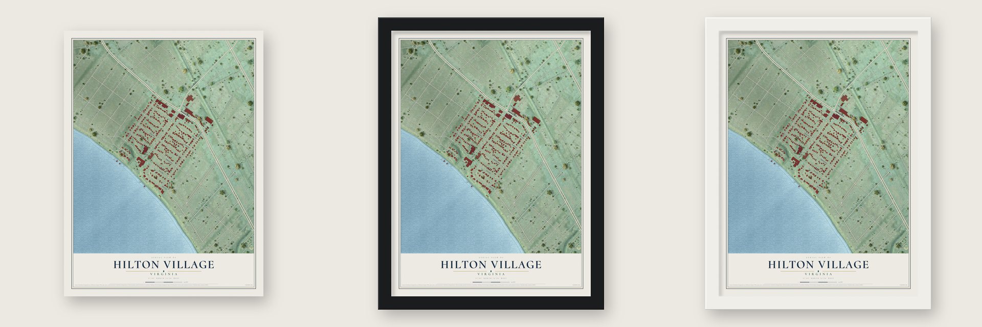 Hilton Village, Virginia map unframed, in a black wood frame and in a white wood frame