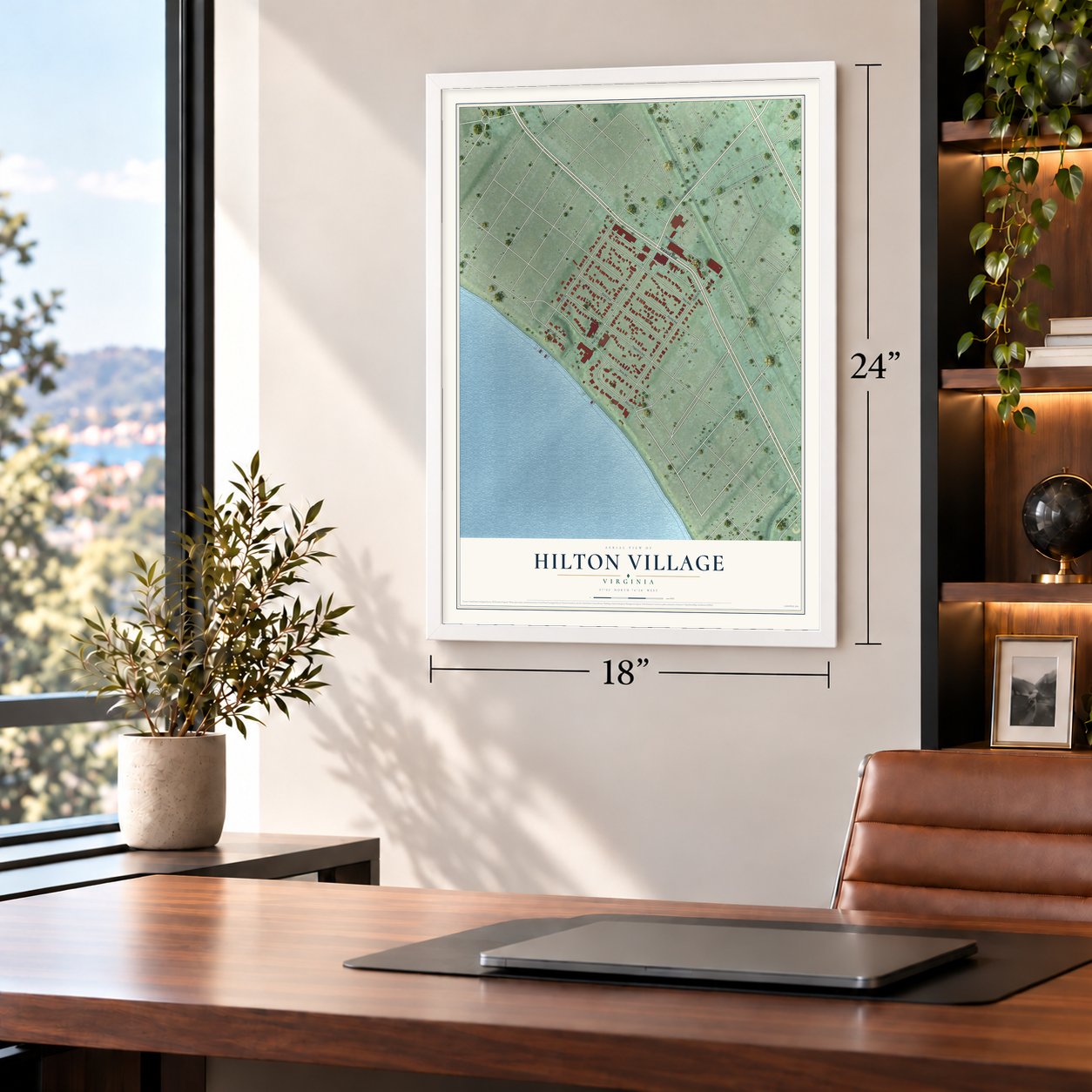 Hilton Village, Virginia map, 18 x 24 inch print in a white frame in a home office