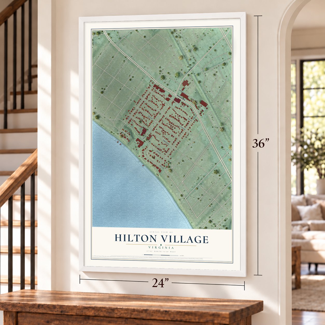 Hilton Village, Virginia map, 24 x 36 inch print in a white frame by a staircase