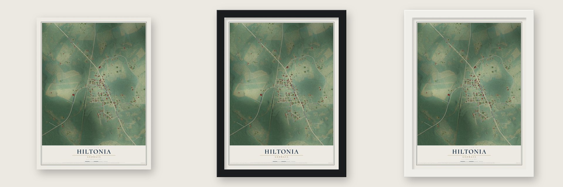 Hiltonia, Georgia map unframed, in a black wood frame and in a white wood frame
