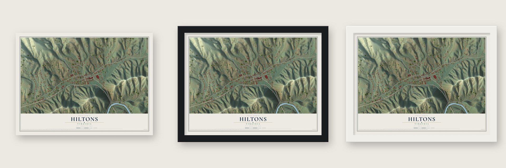 Hiltons, Virginia map unframed, in a black wood frame and in a white wood frame