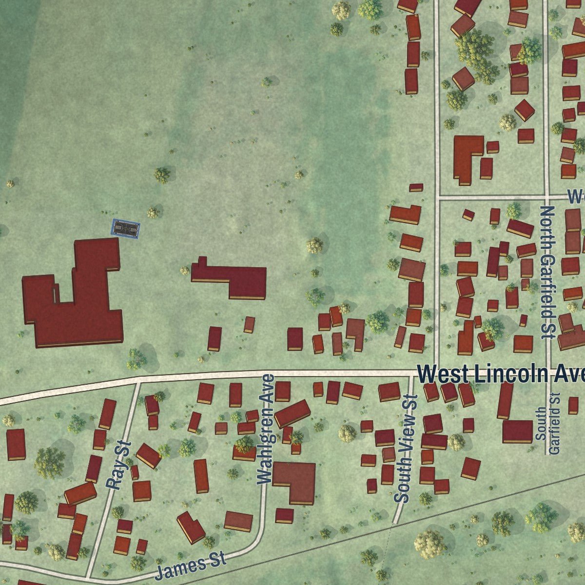 Second close-up of the map of Hinckley, Illinois print showing more streets and buildings