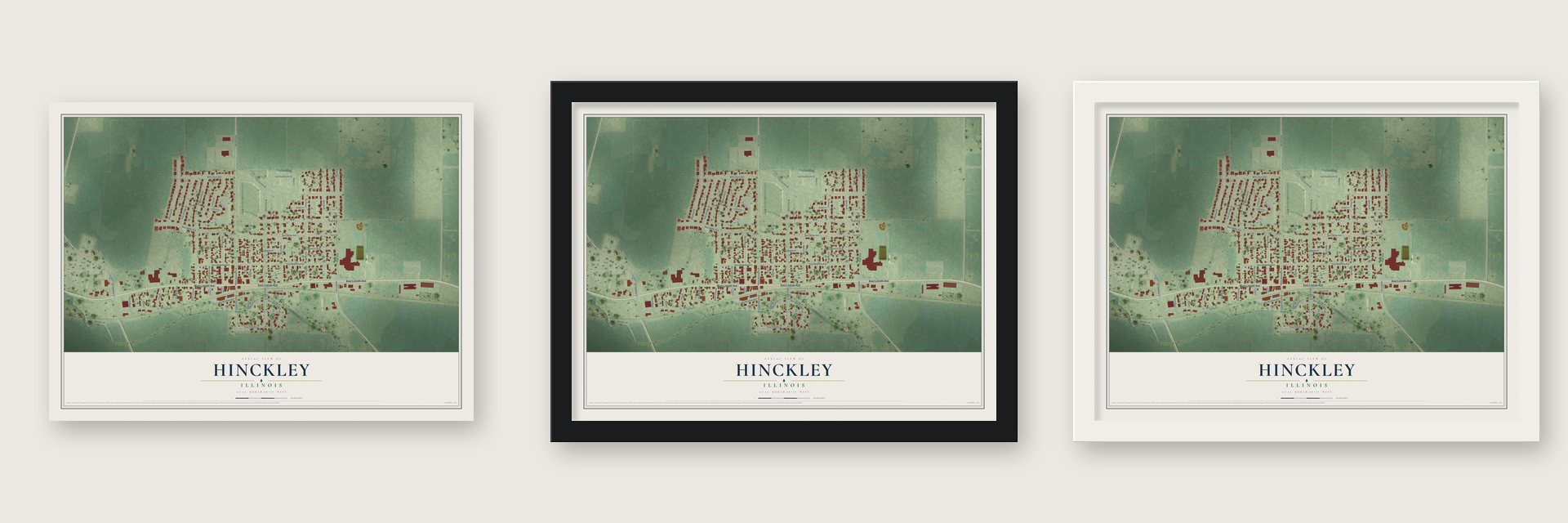 Hinckley, Illinois map unframed, in a black wood frame and in a white wood frame