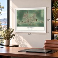 Hinckley, Illinois map, 18 x 24 inch print in a white frame in a home office