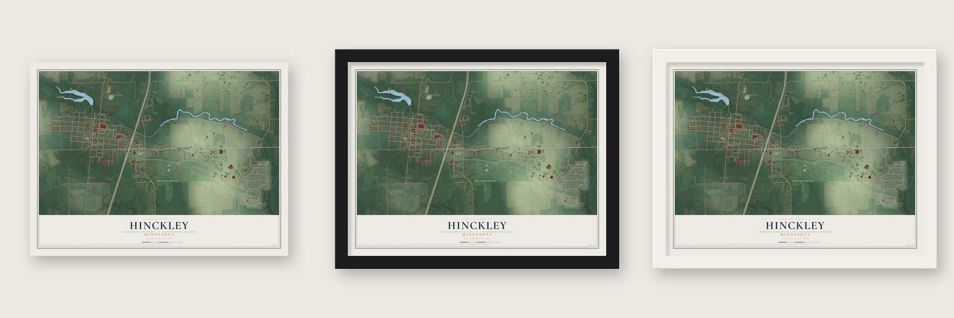 Hinckley, Minnesota map unframed, in a black wood frame and in a white wood frame