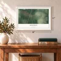 Hinckley, Minnesota map, 12 x 18 inch print in a white frame in an entryway
