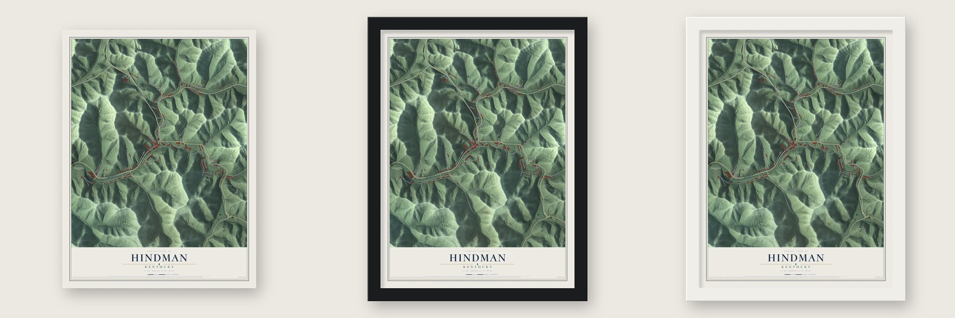Hindman, Kentucky map unframed, in a black wood frame and in a white wood frame